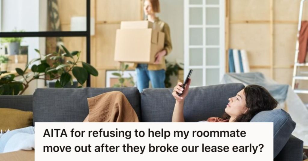 Woman lying on the couch and looking at her phone while her roommate carries boxes and moves out
