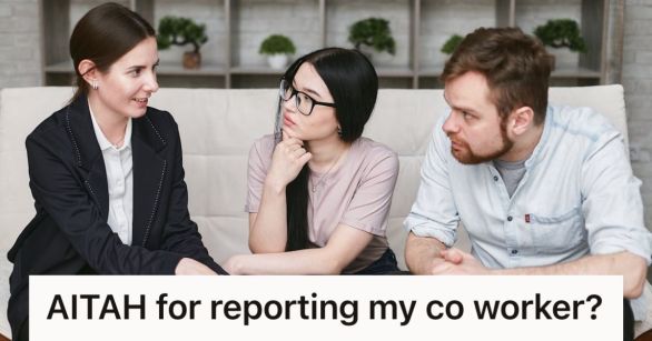 Two coworkers listening to a woman in a meeting room