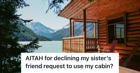 A cabin by the lake with a view of the mountains