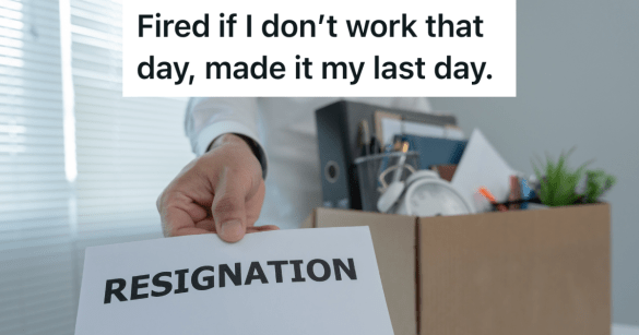 man holding box of belongings and a paper that reads "resignation"