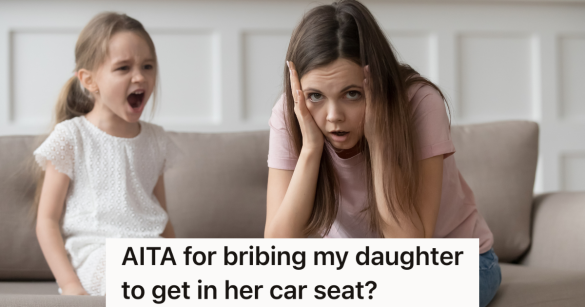 little girl yelling at stressed out mother