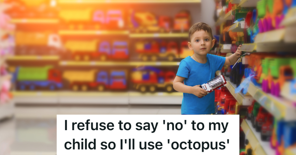 little boy taking a toy off the shelf at a toy store