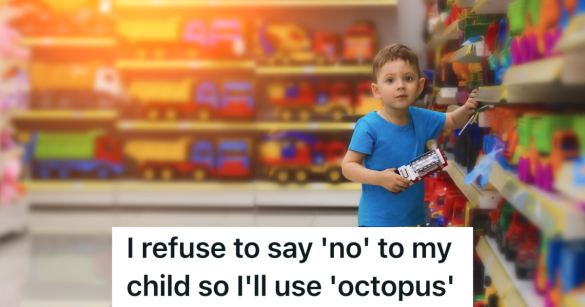 little boy taking a toy off the shelf at a toy store