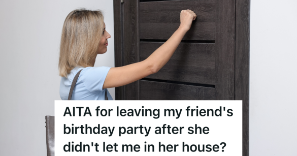 blond woman knocking on a wooden door