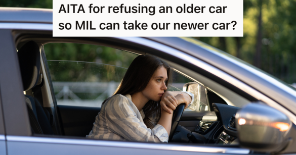 woman leaning on the steering wheel of a car looking concerned