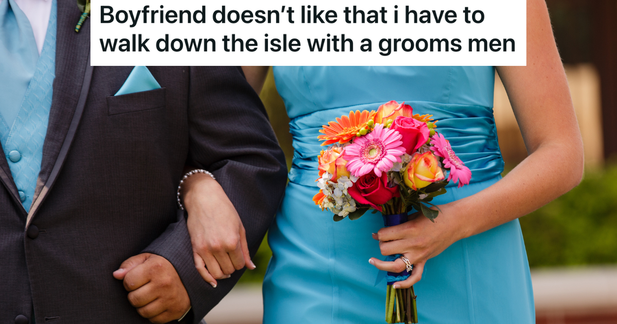bridesmaid holding bouquet and linking arms with groomsman