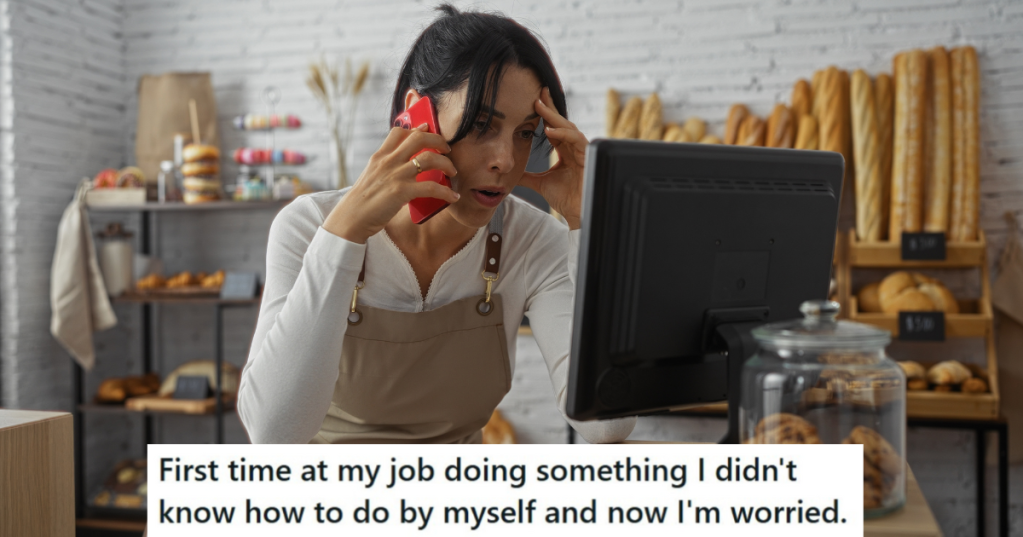 stressed out cashier talking on cell phone