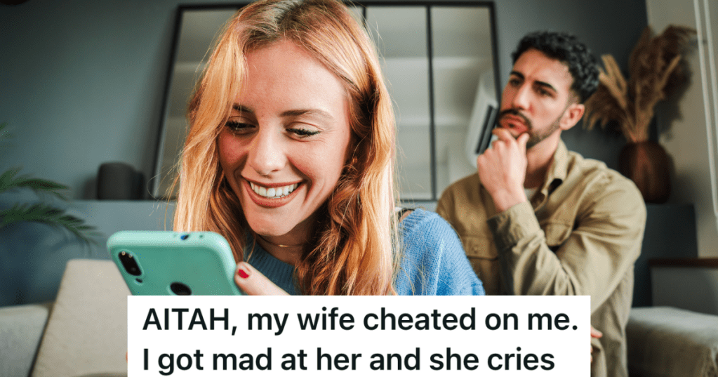 smiling woman looking at her phone will her husband looks concerned