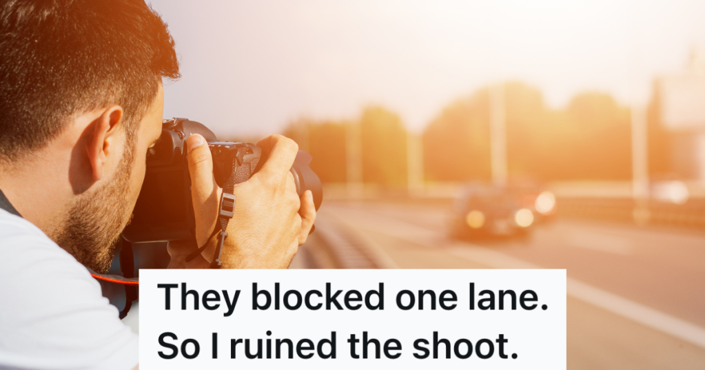 photographer taking picture of a blurred out car on the road