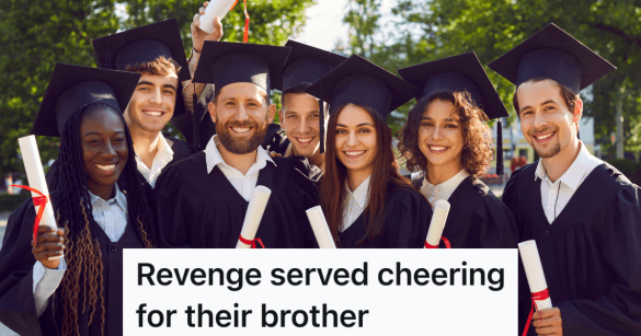 graduates in caps and gowns holding diplomas.