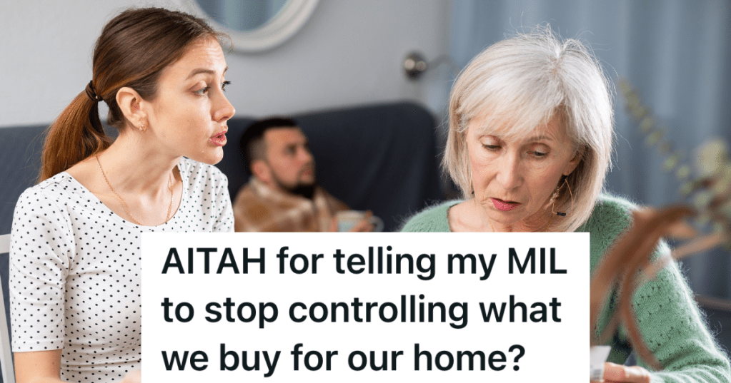 woman arguing with mother-in-law while her husband sits on the couch