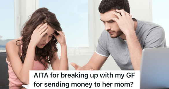 unhappy couple looking at receipts