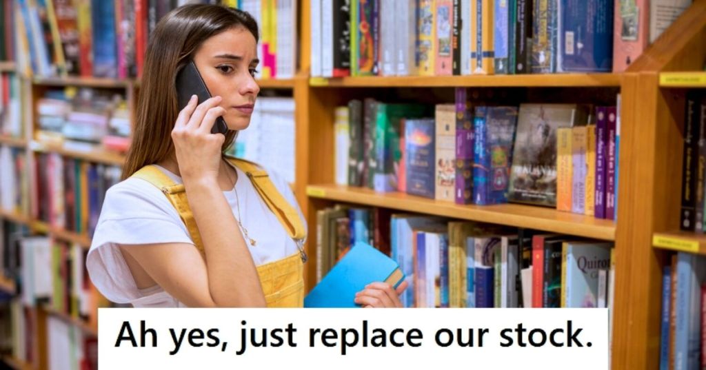 Woman using phone at bookstore
