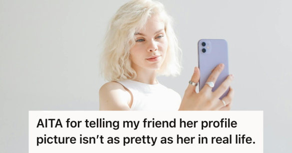 blonde woman taking a selfie with a purple phone