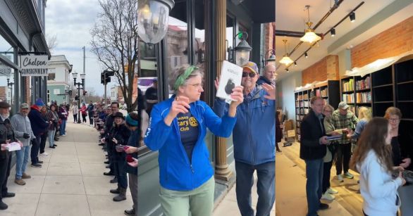 A line of people in Chelsea, Michigan