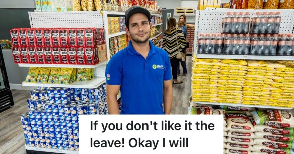 grocery employee in front of full shelves
