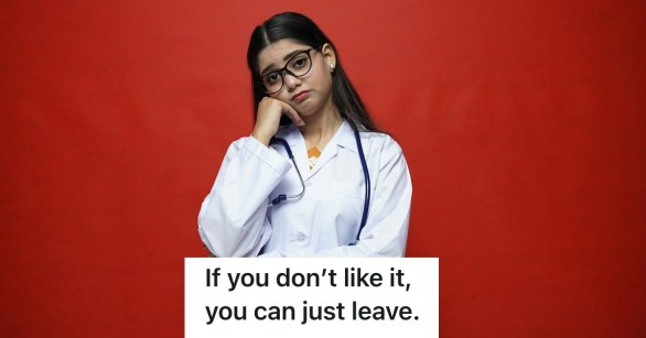 unhappy nurse on red background