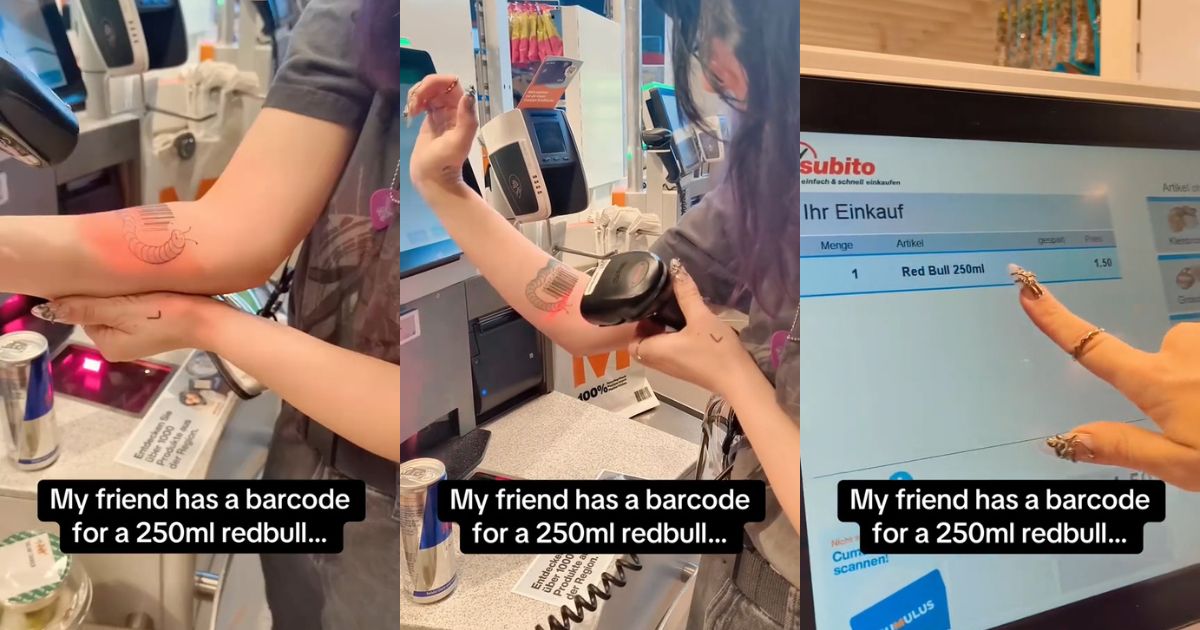 A woman scanning a barcode on her arm