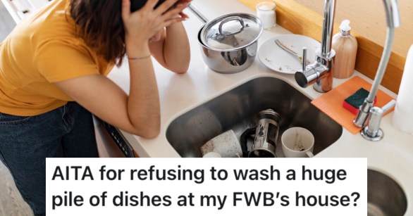 woman and a pile of dirty dishes