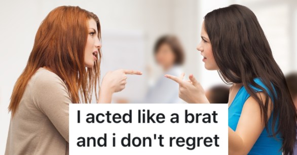 two women pointing at each other