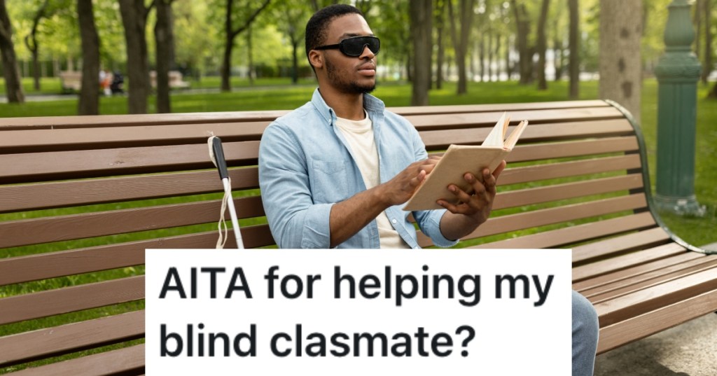 blind man sitting on a park bench