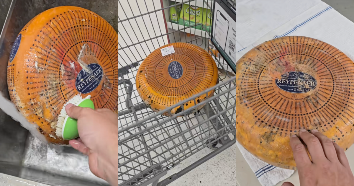 I feel like I’ve committed a sin. A Shopper Bought A Big Wheel Of Gouda Cheese On Sale For Only $17... But It Had Mold On It cheese in a shopping cart