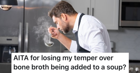 man smelling some soup