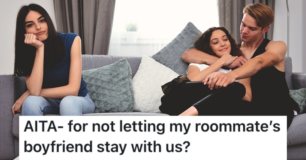 two women and one man on a couch