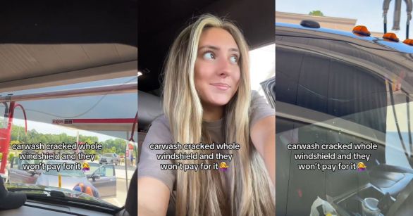 A damaged car in a car wash