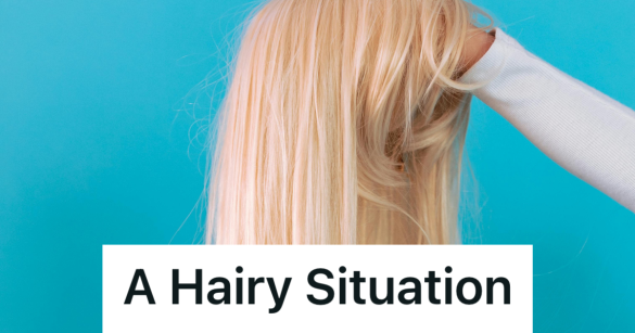 woman holding a blonde wig