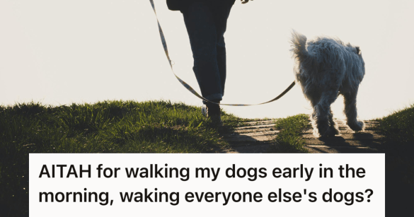 woman walking her dog in the morning light
