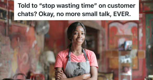 woman wearing an apron at a customer service job