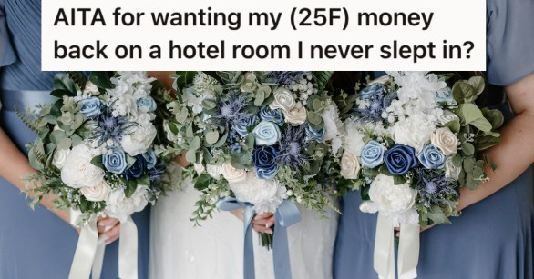 A bride and two bridesmaids holding flowers