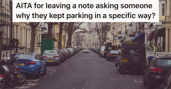 A residential street lined with parked cars
