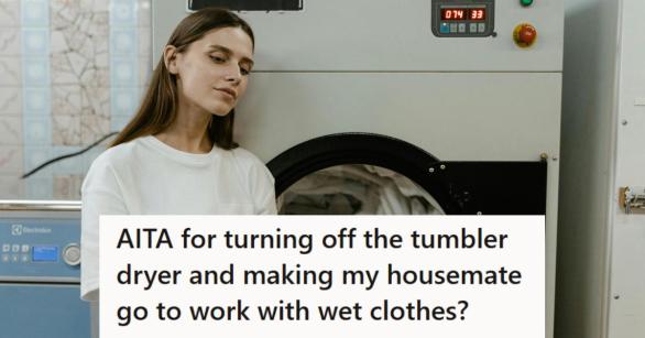 Woman considering turning off the clothes dryer