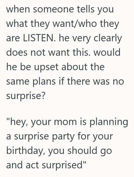 Comment 3 67 Her Boyfriends Mom Wants Her To Help With A Surprise Birthday Party, But She Knows He Doesnt Want That Kind Of Celebration