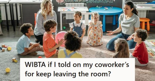 Two teachers with a group of children at daycare