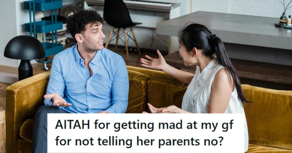 Man and woman disagreeing about her parents moving in