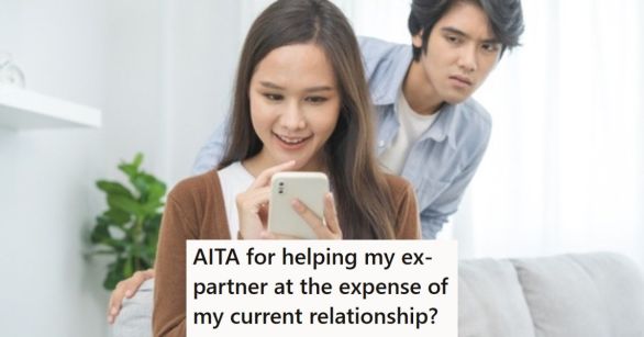 Jealous boyfriend looking over shoulder of girlfriend