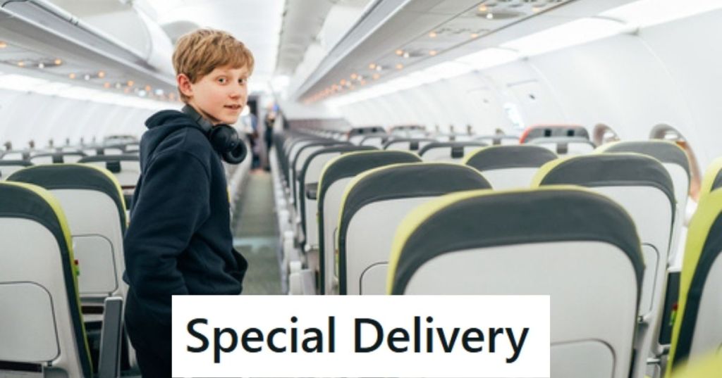 Young boy boarding a plane