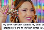 Coworker Kept Stealing Her Pens, So She Swapped The Ink For Glitter And The Whole Office Noticed