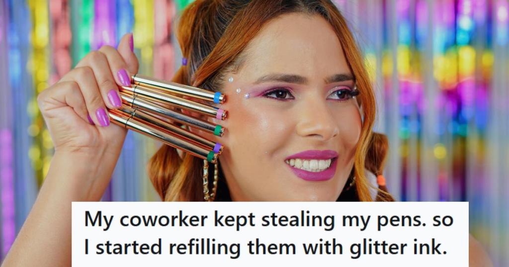 Woman wearing bright colors and holding four glitter pens in her hand