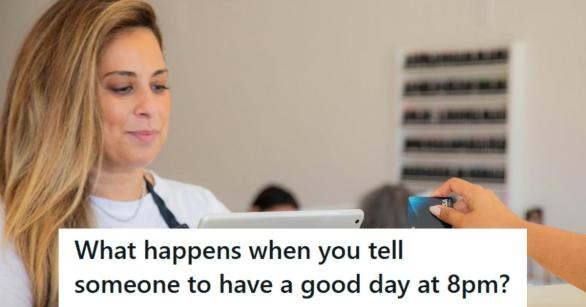 Woman cashier helping a couple check out at the store