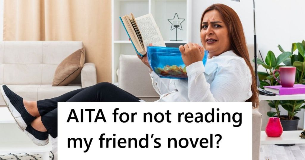 Woman reading book on couch eating popcorn