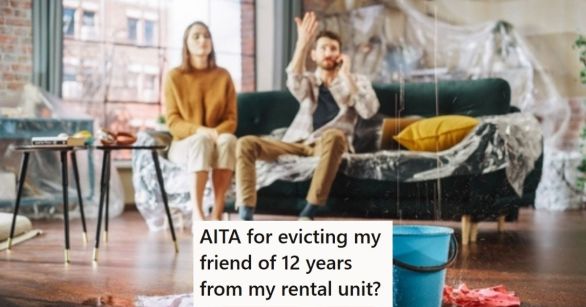 Couple looking at damaged house