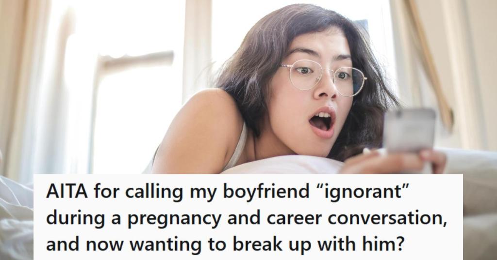 Woman on the phone shocked at what her boyfriend just said