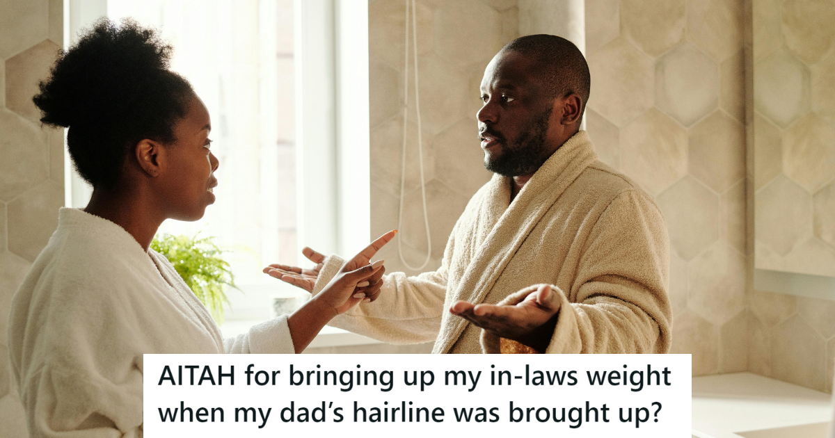 His Wife Asked Him About His Genetic Baldness, So He Countered Her Question With One About Her Weight Couple arguing in bathrobe