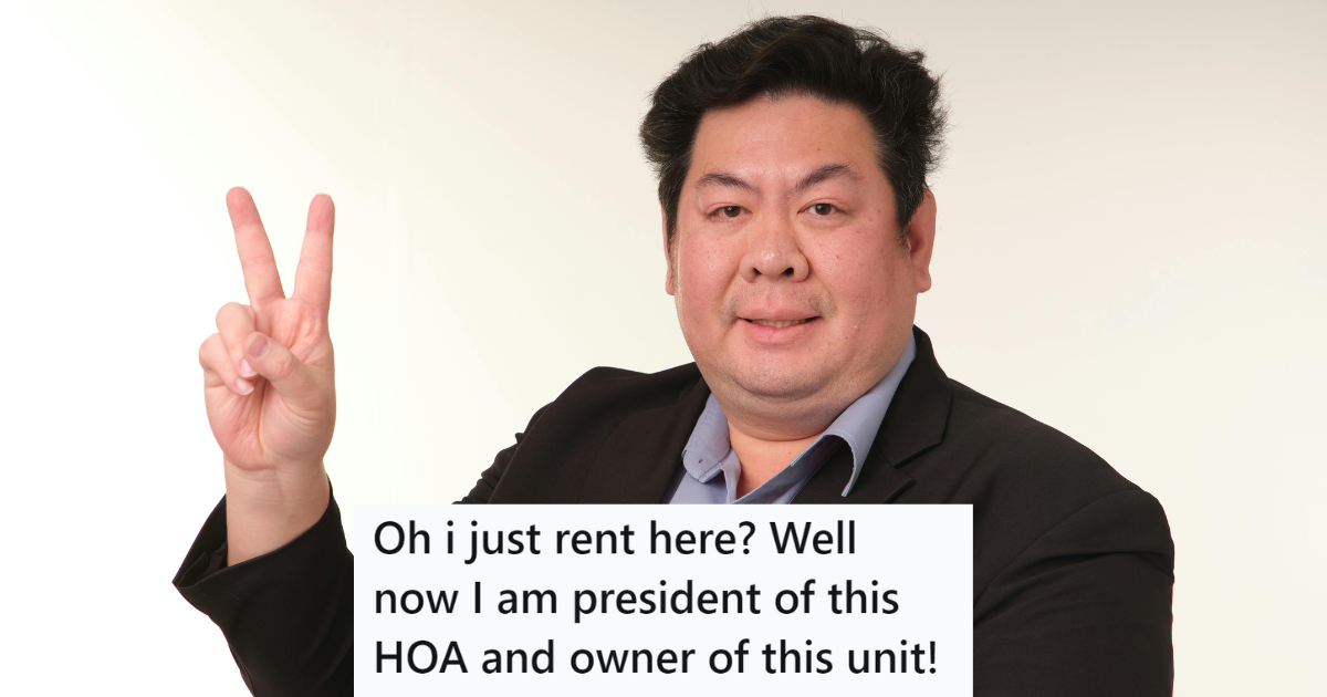 His Neighbor Ruined His Landscaping, So He Later Became The President Of Their HOA To Get Revenge Man in suit showing victory sign