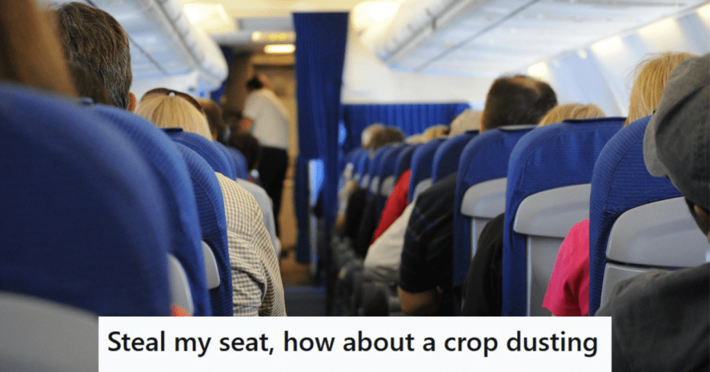 A plane with blue chairs full of passengers