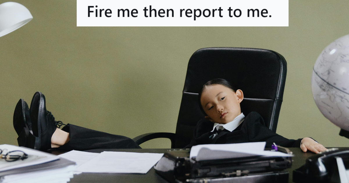 Her Boss Fired Her For Having A Baby Voice, So She Got A New Job And Made Her Old Bosss Life Miserable Little girl sitting on a desk like a boss